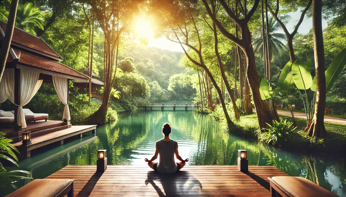 A person sits cross-legged on a wooden deck near a calm lake, meditating in a tranquil natural setting, surrounded by lush greenery and soft morning light.