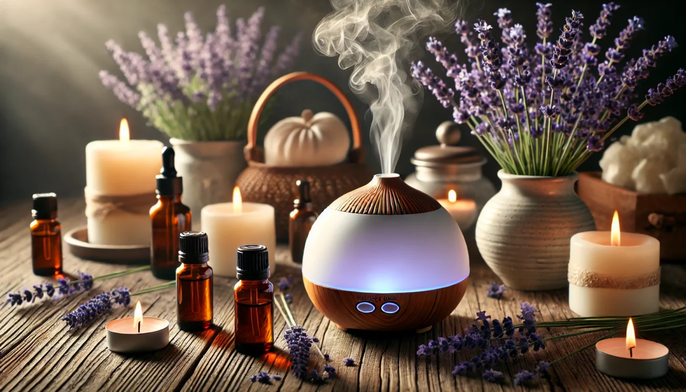 A serene arrangement of essential oils, a diffuser gently releasing scented mist, fresh lavender flowers, and warm candlelight, evoking relaxation and holistic healing.