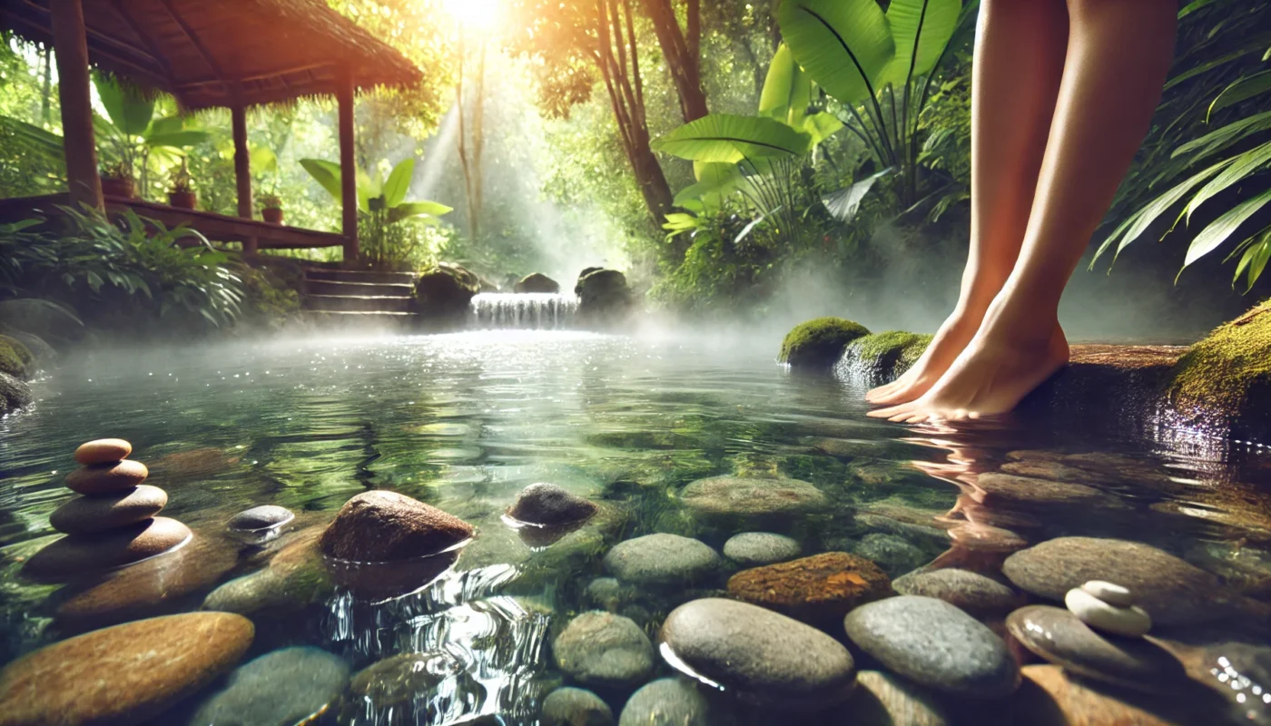 A serene natural hot spring with steam rising from the warm water. Smooth stones and a small waterfall add to the relaxing scene, while a person’s feet rest gently in the clear water, surrounded by lush greenery.