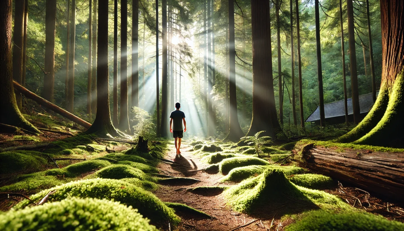 A person walking barefoot on a soft, mossy forest path, surrounded by tall trees with sunlight filtering through, symbolizing the healing power of nature.