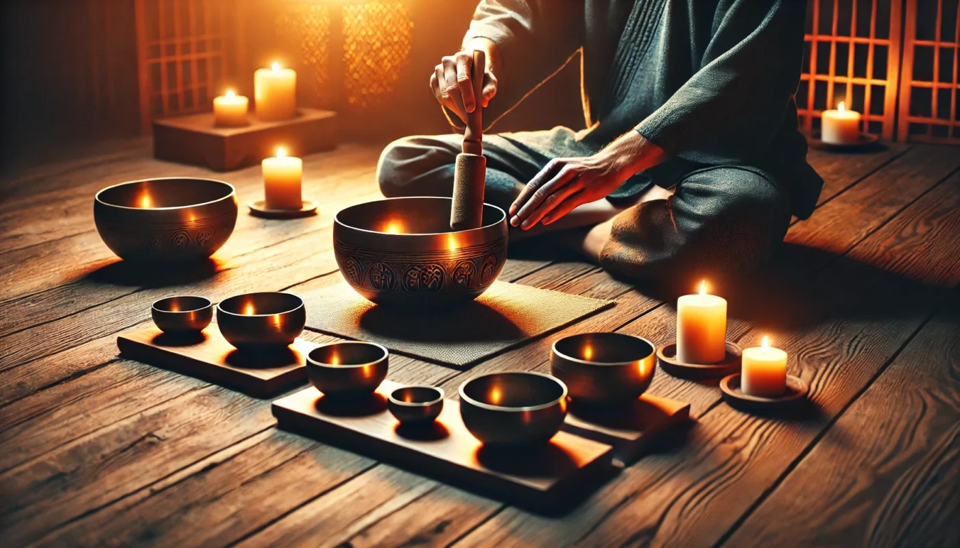 A peaceful setting featuring Tibetan singing bowls on a wooden floor, with a person gently striking a bowl, creating soothing vibrations in a candlelit ambiance.