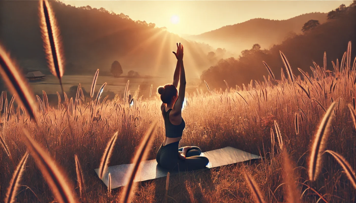 A person gracefully holding a yoga pose on a mat in an open field at sunrise, surrounded by tall grass and a soft breeze, embodying mindfulness and holistic well-being.