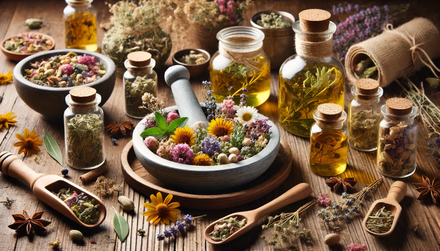 A rustic wooden table displaying natural healing herbs, dried flowers, small glass jars of herbal infusions, and a mortar and pestle, representing traditional plant-based healing.