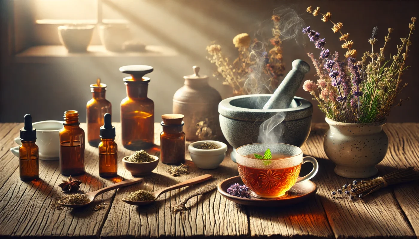 A serene herbal apothecary setup with dried herbs, essential oils, and a mortar and pestle on a wooden table, illuminated by soft natural light. A steaming cup of herbal tea enhances the calming atmosphere, symbolizing natural remedies for fibromyalgia relief.