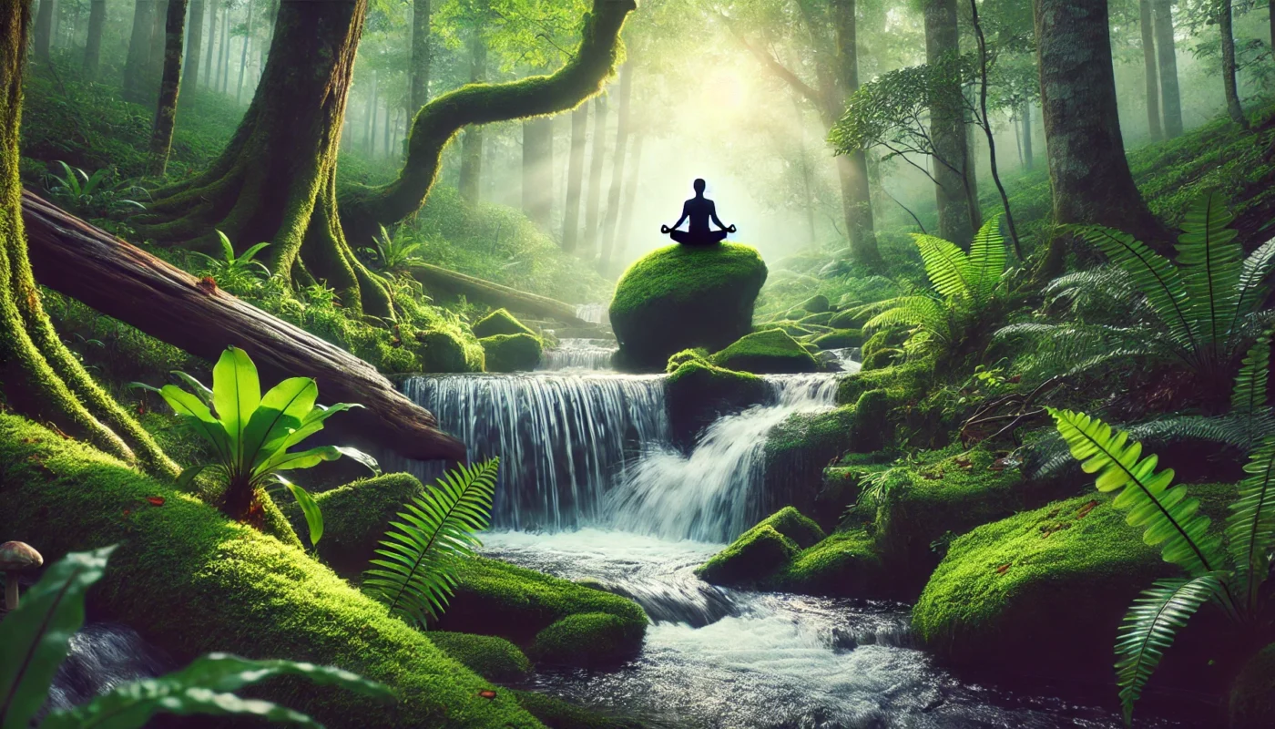 A peaceful forest scene with a person meditating on a mossy rock near a cascading waterfall, surrounded by lush greenery. Misty air and sunlight filtering through the trees create a tranquil, healing ambiance, reflecting mindfulness and relaxation for fibromyalgia relief.