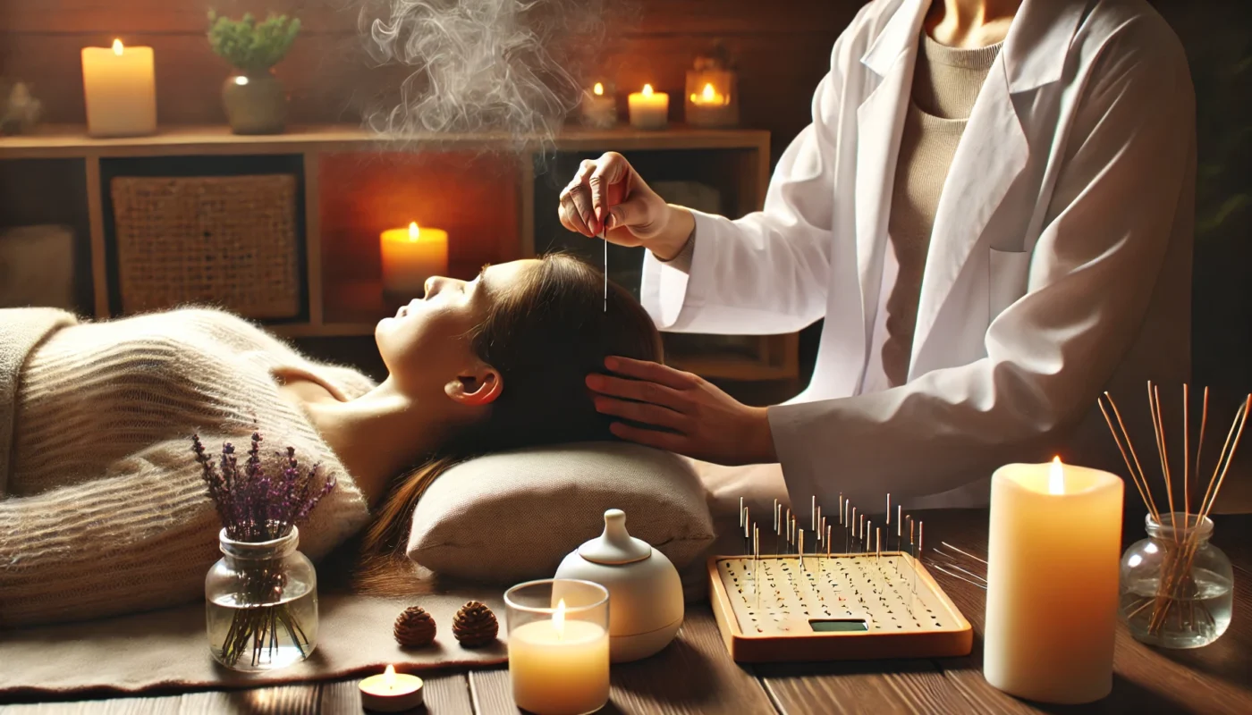 A cozy wellness setting featuring a woman receiving a gentle acupuncture session. Candles and an aromatherapy diffuser add warmth, while a practitioner carefully places needles on key pressure points, highlighting holistic healing approaches for fibromyalgia.