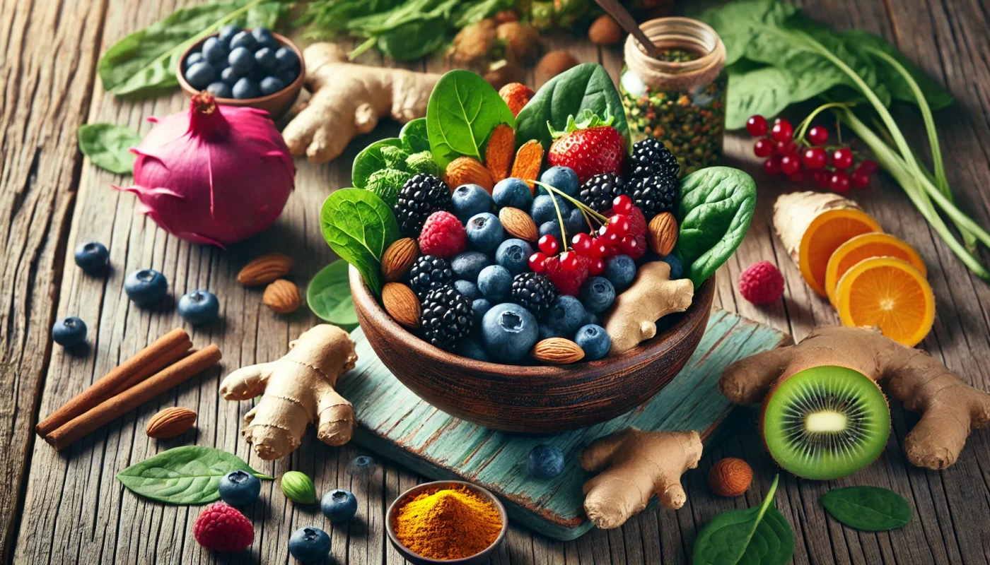 A vibrant bowl of anti-inflammatory foods, including fresh berries, turmeric, ginger, leafy greens, and nuts, artistically arranged on a rustic wooden table. Soft natural light highlights the textures and colors, showcasing the role of nutrition in fibromyalgia relief.