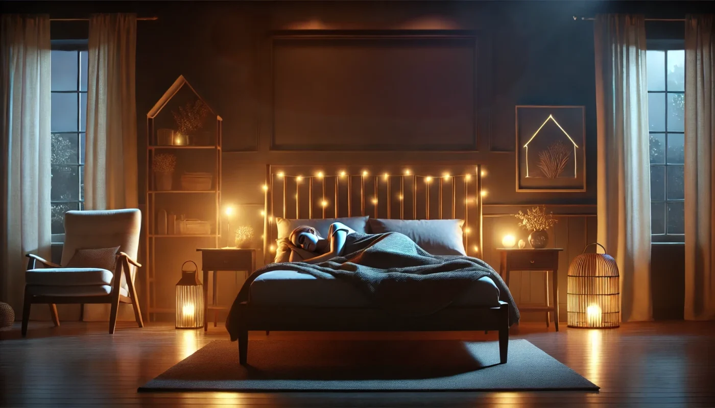 A cozy bedroom with dim lighting and a person sleeping soundly, wrapped in warm blankets. The peaceful atmosphere highlights the importance of quality sleep in reducing inflammation and supporting overall health and healing.