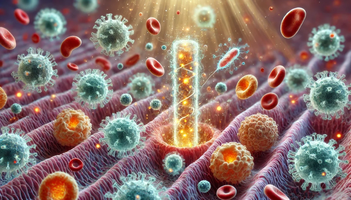 A scientific depiction of inflammation showing immune cells responding to inflammatory signals. Glowing molecules represent cytokines, while white blood cells move toward an affected tissue, illustrating the body's immune response to food-related inflammation. The background features a soft, abstract gradient, highlighting the complexity of cellular inflammation.