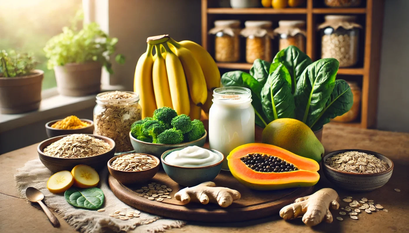 A beautifully arranged display of stomach-friendly foods on a rustic wooden kitchen counter, including bananas, papaya, probiotic-rich yogurt, leafy greens, ginger, and oats. Soft natural lighting enhances the fresh and wholesome appeal, emphasizing gentle, anti-inflammatory choices that support digestive health.