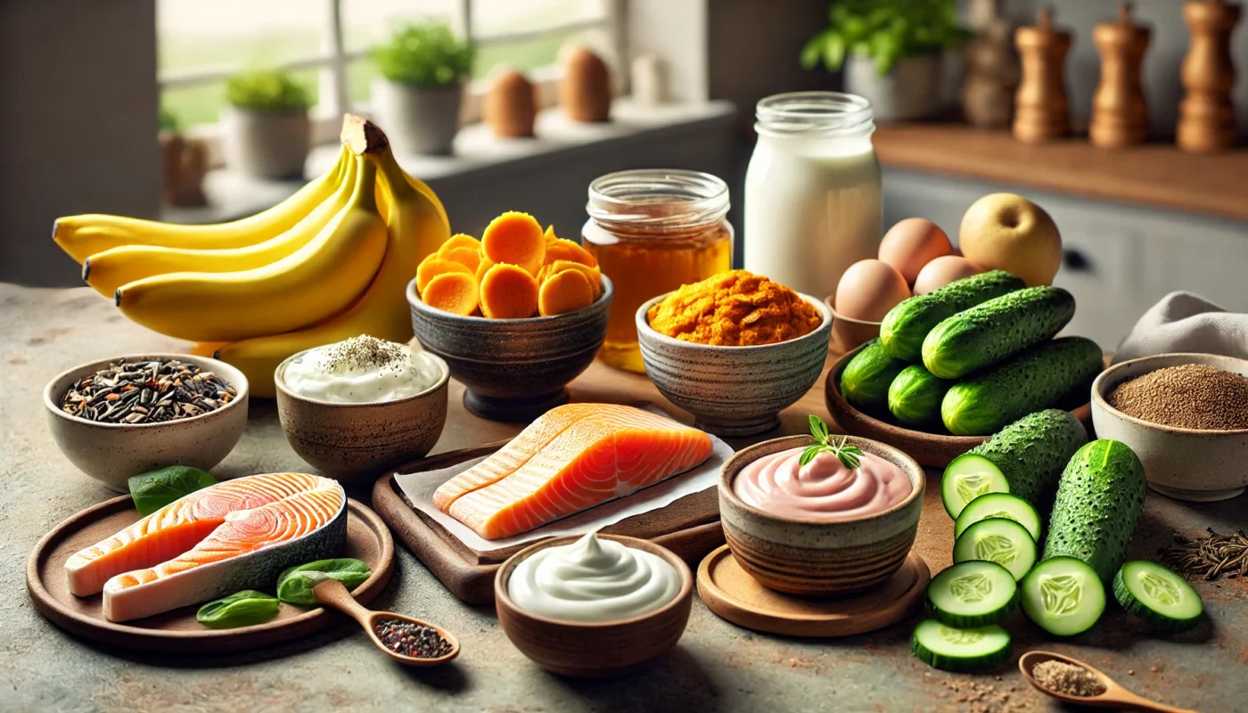 A beautifully arranged display of IBD-friendly foods on a rustic wooden kitchen counter, including salmon, bananas, yogurt, mashed sweet potatoes, peeled cucumbers, and herbal tea. Soft natural lighting highlights the fresh and nutritious appeal of these gentle, anti-inflammatory ingredients that support digestive health.