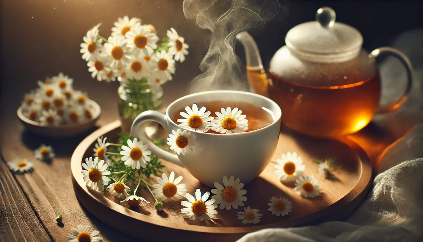 A serene image of a steaming cup of chamomile tea with fresh chamomile flowers on a wooden tray, emphasizing chamomile’s soothing effects on stomach inflammation and digestive health.