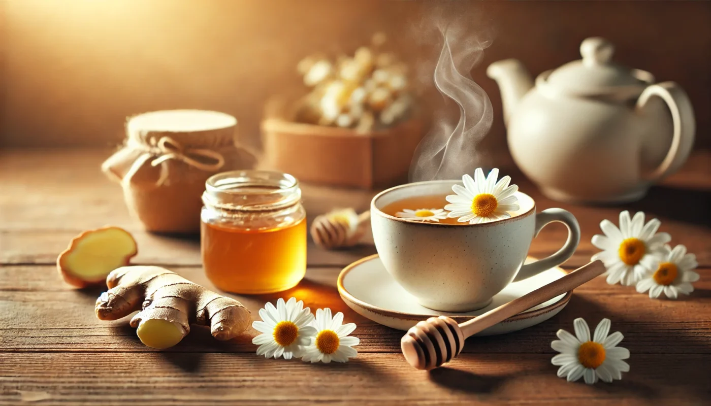 A calming scene featuring a steaming cup of chamomile tea placed beside fresh ginger and honey on a rustic wooden table. Soft, warm lighting enhances the relaxing atmosphere, highlighting the digestive health benefits of herbal teas. The slightly blurred background creates a sense of warmth and comfort.