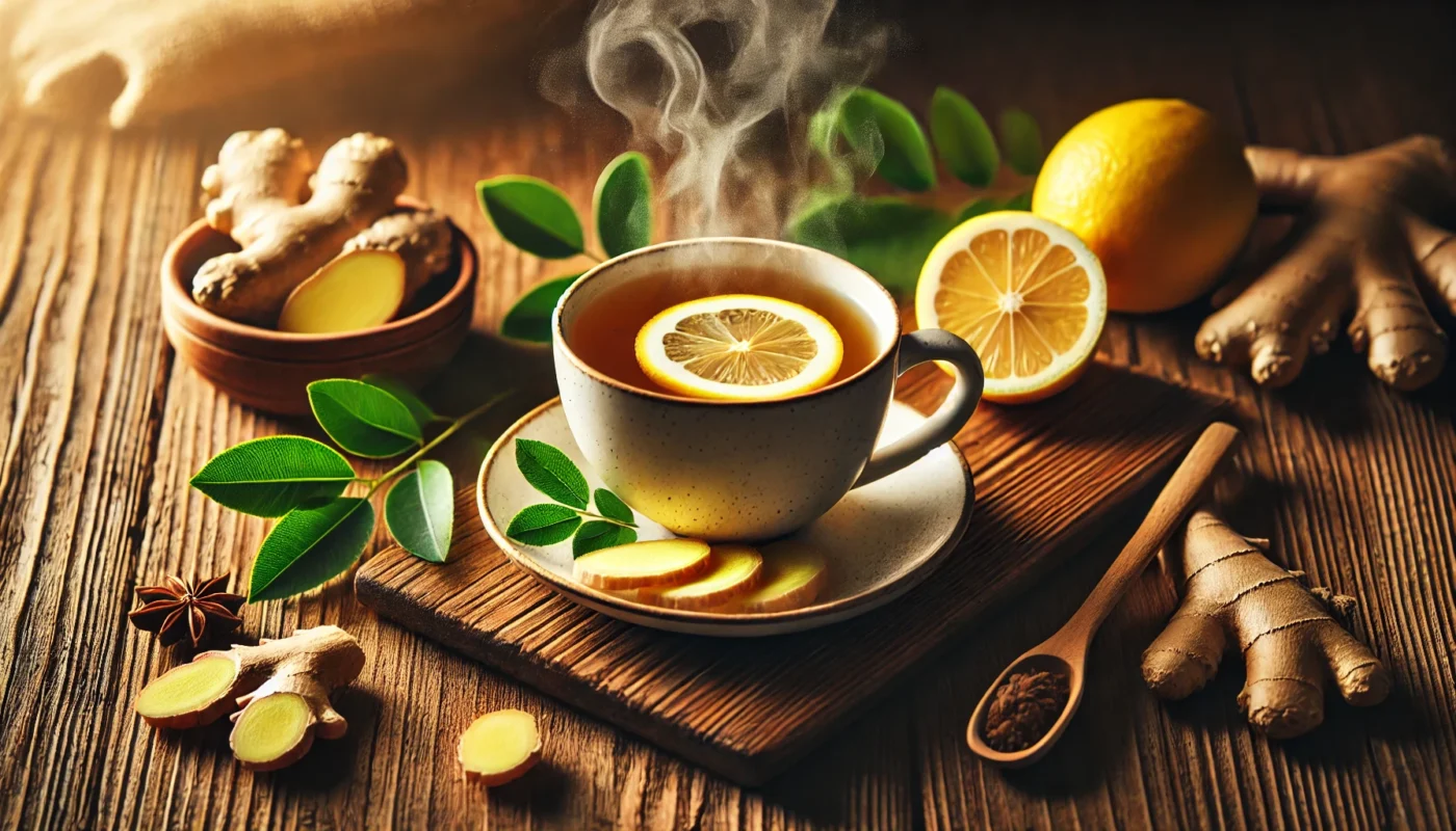 A cozy setting featuring a steaming cup of herbal tea with fresh ginger and lemon slices on a wooden table, highlighting its soothing and anti-inflammatory properties.