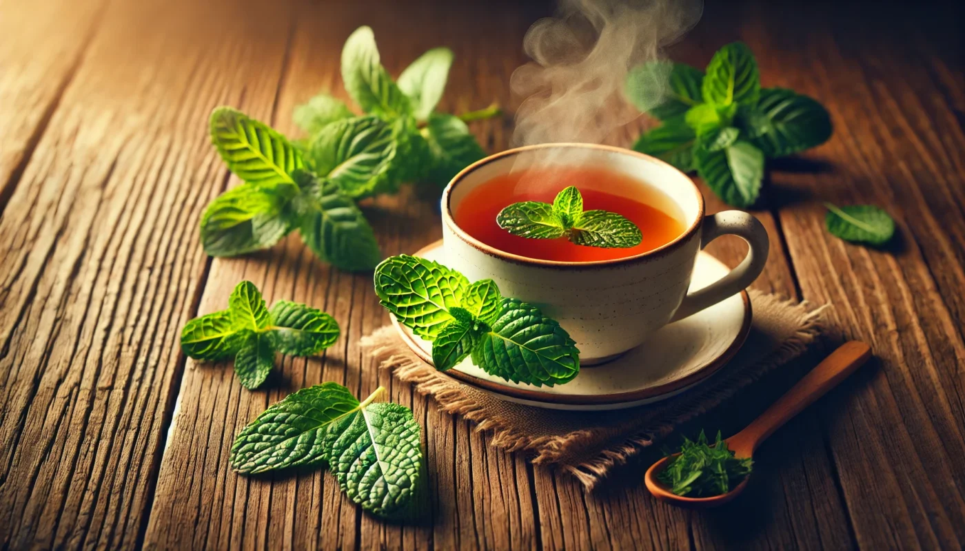 A warm and calming scene featuring a steaming cup of peppermint tea, surrounded by fresh peppermint leaves on a wooden table, emphasizing its natural digestive support and bloating relief.