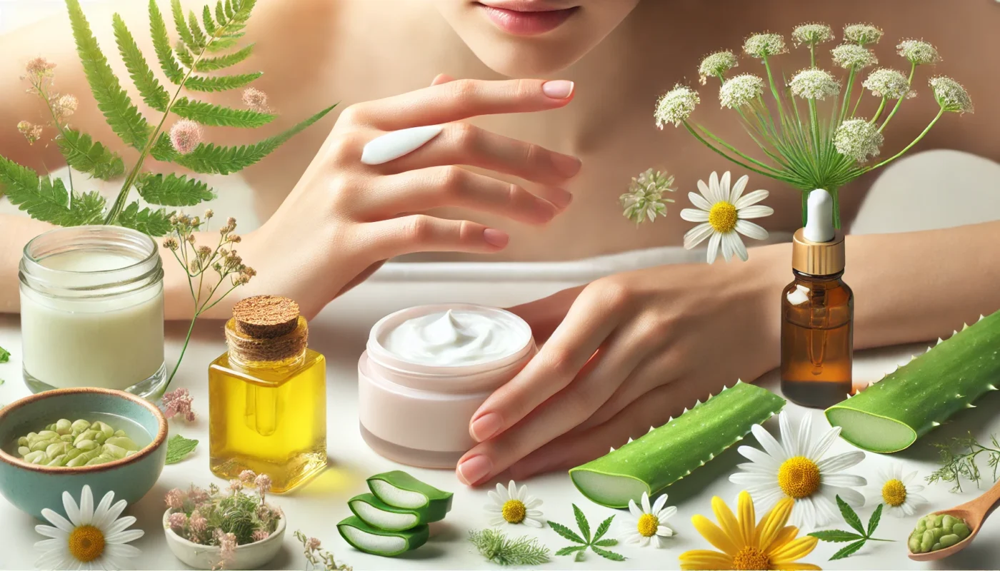 A person applying a gentle, hydrating facial cream to reduce skin inflammation, with a soft background featuring natural ingredients like aloe vera, chamomile flowers, and herbal extracts. The image highlights the importance of holistic and anti-inflammatory skincare treatments for healthy, radiant skin.