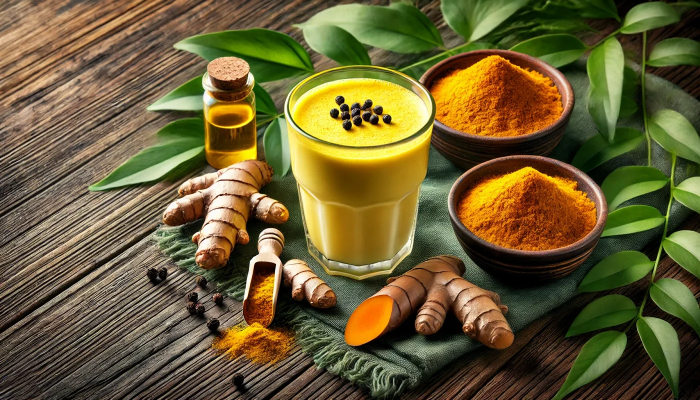 A rustic setting featuring fresh turmeric root, golden turmeric powder, and a cup of golden milk with black pepper, highlighting turmeric as one of the top spices that help with inflammation.