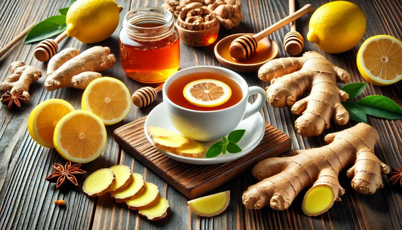 A cozy arrangement of fresh ginger roots, sliced ginger, and a steaming cup of ginger tea with lemon and honey, showcasing ginger’s natural anti-inflammatory properties.