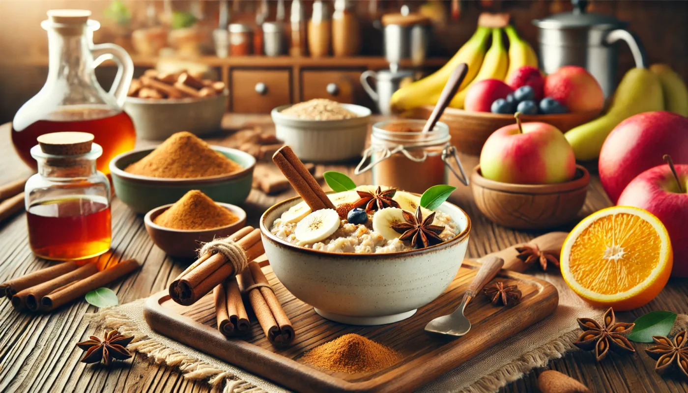 A warm kitchen scene with cinnamon sticks, ground cinnamon, and a bowl of oatmeal topped with cinnamon and fruits, emphasizing cinnamon as a spice that helps with inflammation.