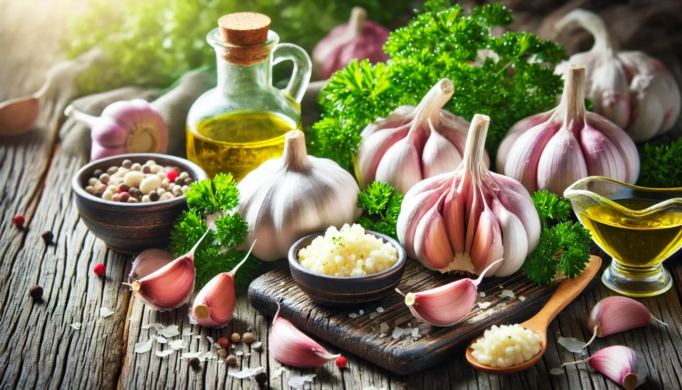 A rustic wooden surface displaying garlic bulbs, cloves, and crushed garlic alongside fresh herbs and olive oil, illustrating garlic’s role in reducing inflammation naturally.