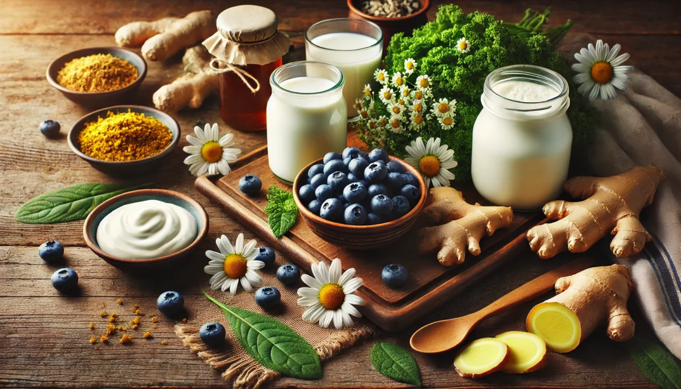 A warm and inviting scene of stomach-friendly foods, including yogurt, kefir, ginger, chamomile tea, leafy greens, and blueberries, arranged on a rustic wooden table to highlight their anti-inflammatory and gut-healing properties.