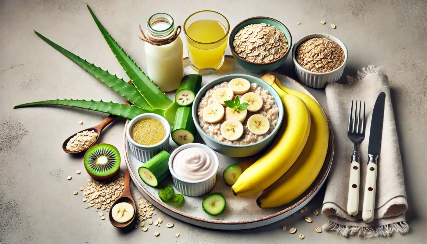 A wholesome and nutritious display of stomach-soothing foods, including cooked oatmeal, bananas, aloe vera juice, and probiotic yogurt, arranged on a neutral background to highlight their digestive benefits.