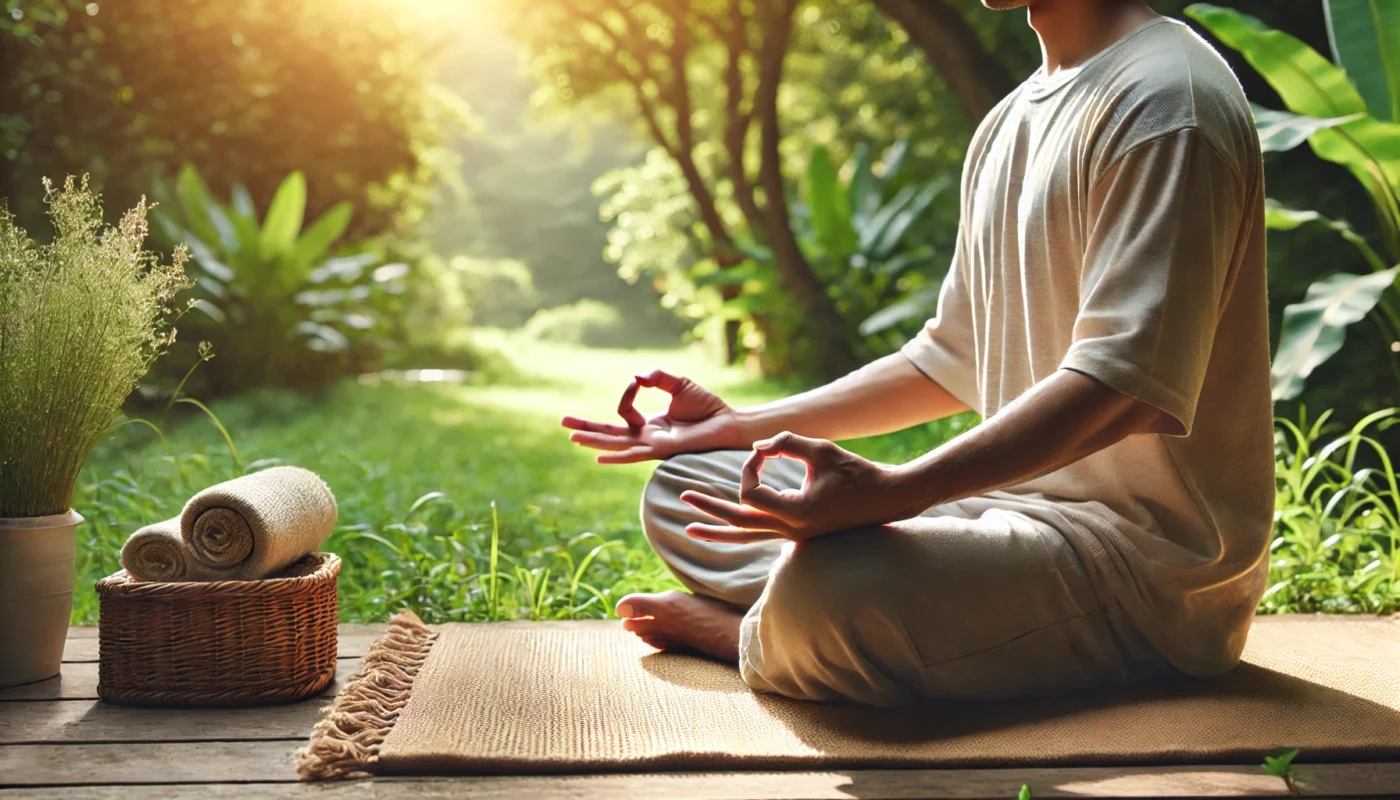 A peaceful outdoor setting featuring a person practicing meditation or deep breathing exercises in a tranquil natural environment, highlighting the role of stress management in promoting digestive health and reducing stomach inflammation.