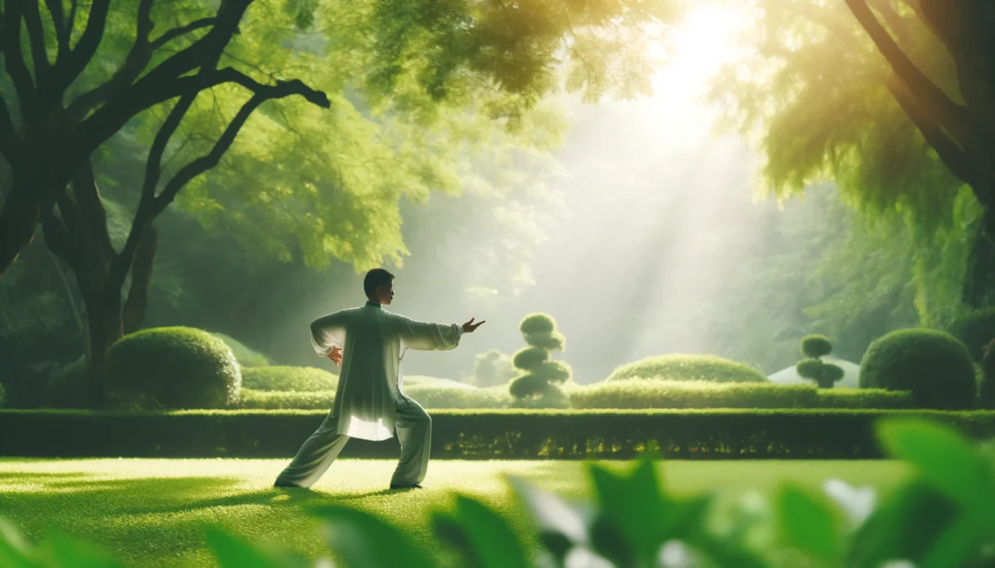 A peaceful outdoor scene featuring an individual practicing Tai Chi in a lush green park, performing a gentle pose with soft sunlight filtering through the trees, promoting balance and joint flexibility.