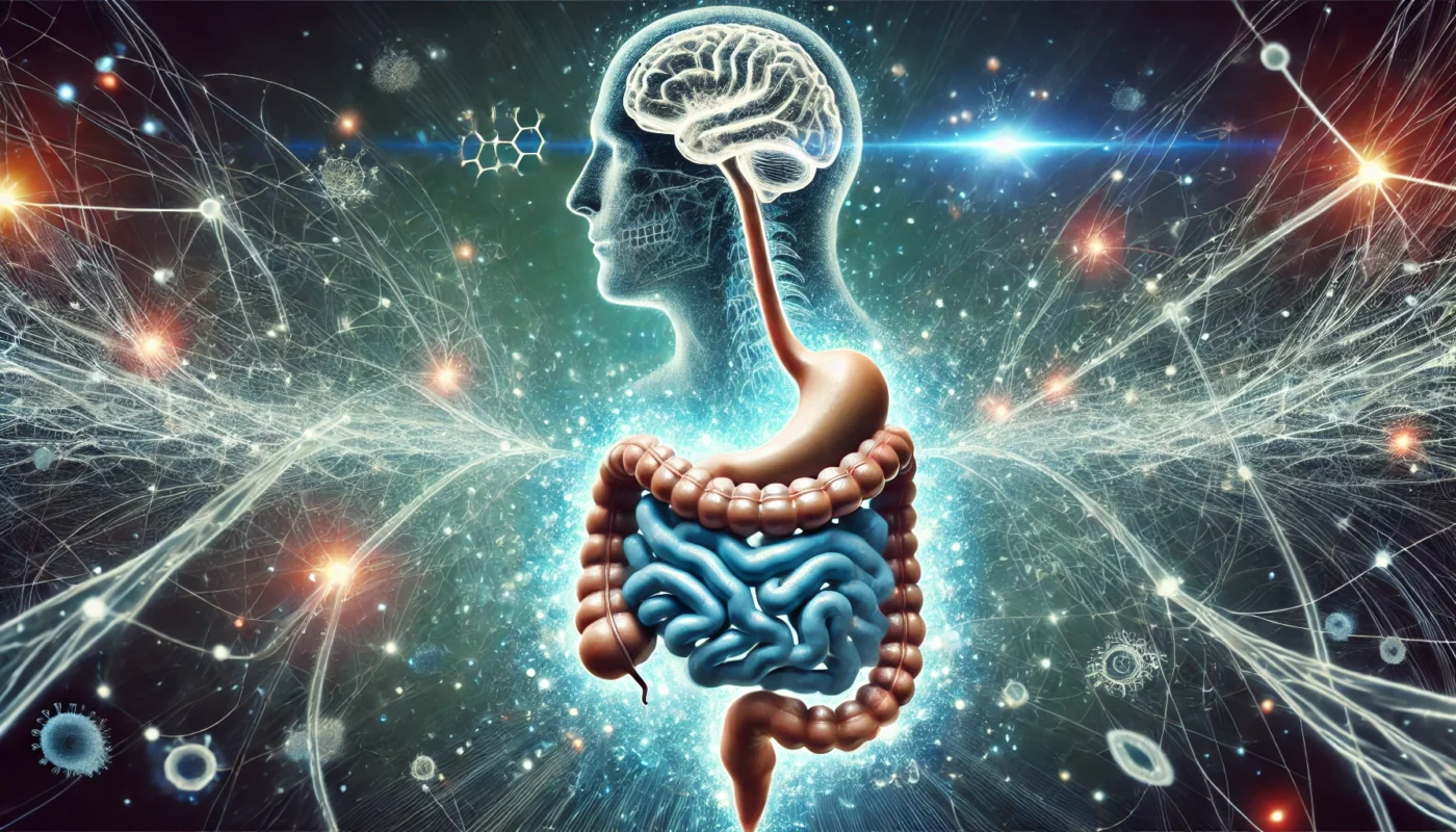 A scientific depiction of the gut-brain axis, illustrating the neural pathways and biochemical signals connecting the human brain and intestines. Glowing neural connections highlight the bidirectional communication affecting mental and immune health.