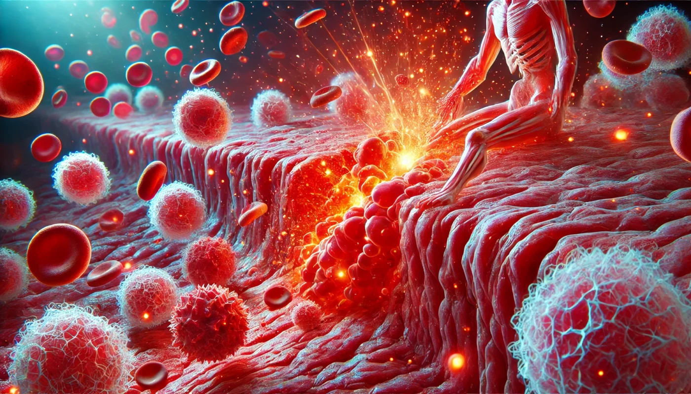 A detailed artistic representation of inflammation, showing red, swollen tissue with white blood cells actively responding to an injury. The scene highlights the immune system’s role in repairing damage and fighting infection, symbolizing the essential function of inflammation in healing.