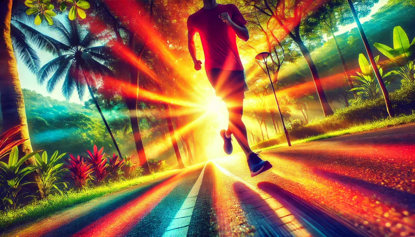 A dynamic outdoor scene of a person jogging through a lush park in the morning sunlight, illustrating the benefits of regular physical activity in strengthening the immune system and promoting overall health.