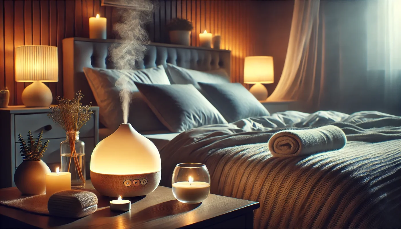 A peaceful bedroom scene with soft lighting, a neatly made bed with plush blankets, and an aromatherapy diffuser emitting a gentle mist, emphasizing rest for relieving body aches and chills.