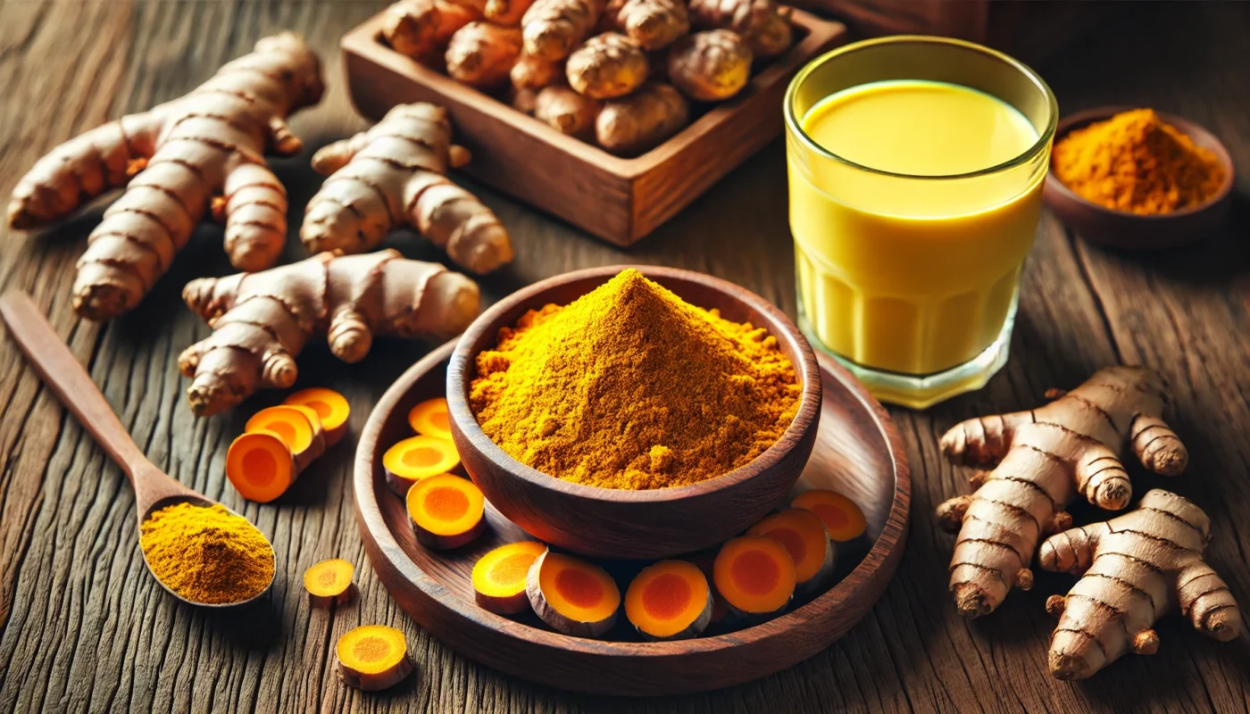 A wooden bowl filled with turmeric powder, surrounded by fresh turmeric roots and a glass of golden turmeric milk. The warm and inviting scene symbolizes the powerful anti-inflammatory properties of turmeric in soothing an overactive immune system.