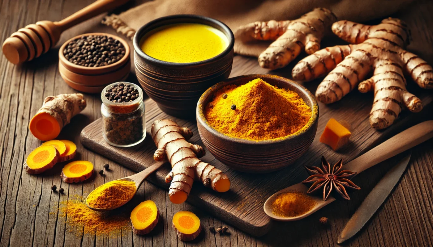 A warm and inviting scene of turmeric root and powdered turmeric in a wooden bowl, accompanied by black pepper and a steaming cup of golden milk, showcasing turmeric’s anti-inflammatory and immune-supporting benefits.