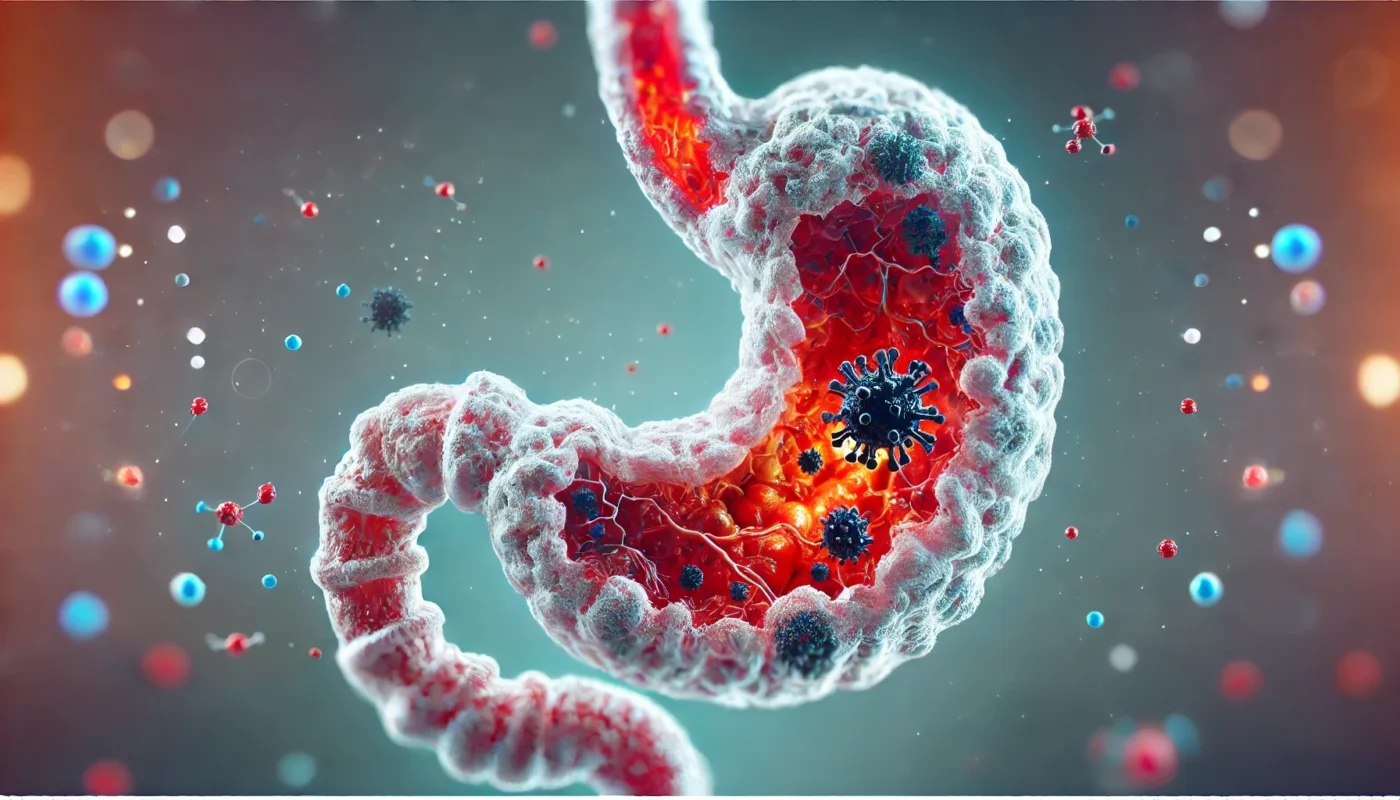 A medical visualization of the human stomach with inflamed gastric lining, highlighting the effects of autoimmune gastritis. The image depicts the stomach's inner lining with visible irritation and redness, emphasizing the condition's impact. No labels, no text, and no annotations.