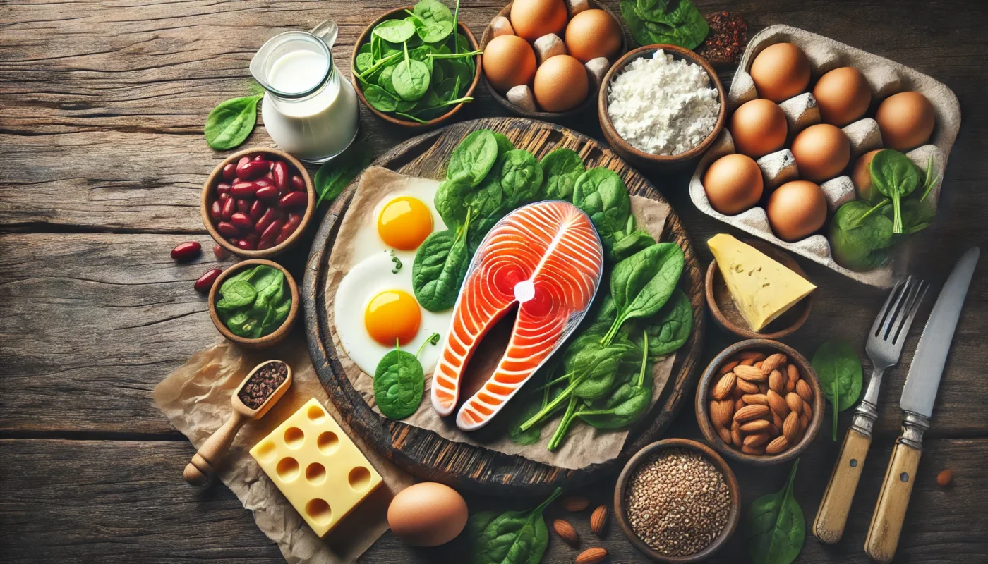 A healthy meal featuring vitamin B12-rich foods such as salmon, eggs, spinach, and dairy, beautifully arranged on a rustic wooden table. The image emphasizes the vibrant colors and fresh textures of the ingredients. No labels, packaging, or text of any kind.