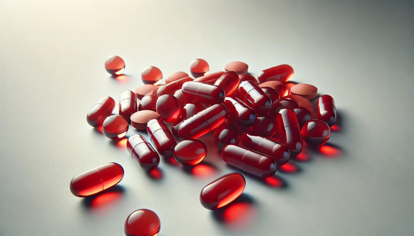 A detailed close-up of vitamin B12 capsules and soft gels scattered on a clean surface, emphasizing their vibrant red color and smooth texture. The lighting is soft and natural. No bottles, labels, or text of any kind.