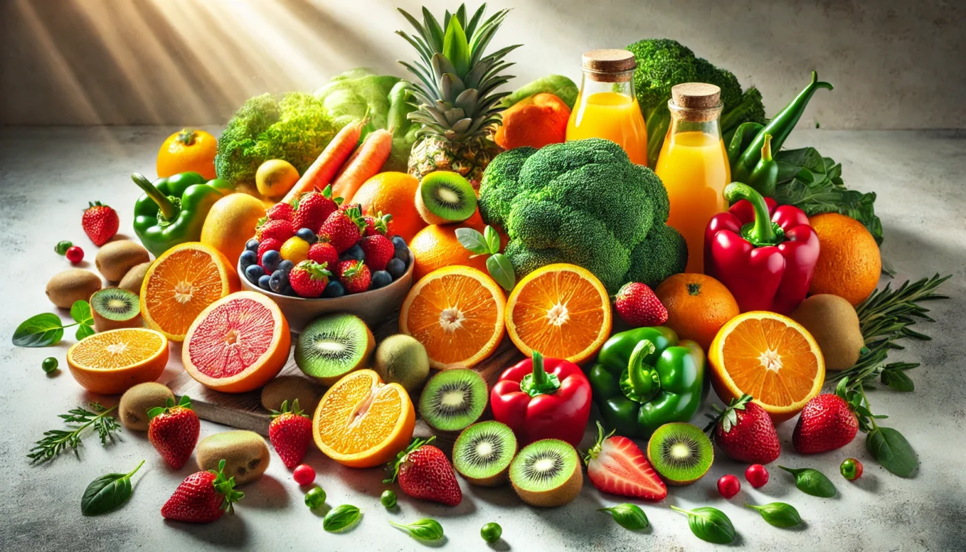 A vibrant composition of vitamin C-rich foods, including oranges, kiwis, strawberries, bell peppers, and broccoli, displayed on a natural background to highlight their immune-boosting properties.