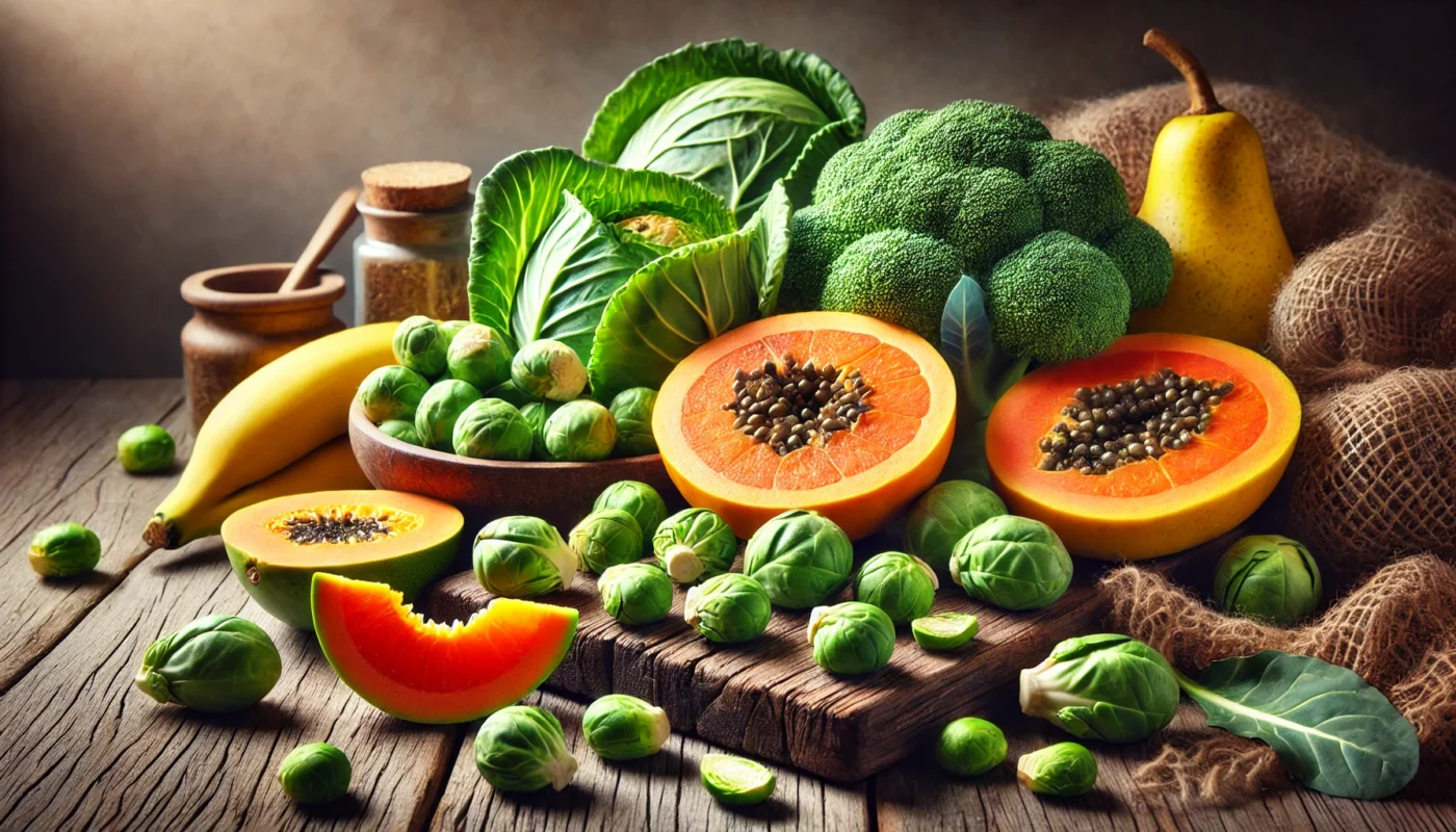 A beautifully arranged still life of vitamin C-packed foods like papaya, Brussels sprouts, and broccoli, set on a rustic wooden surface to showcase their health benefits.