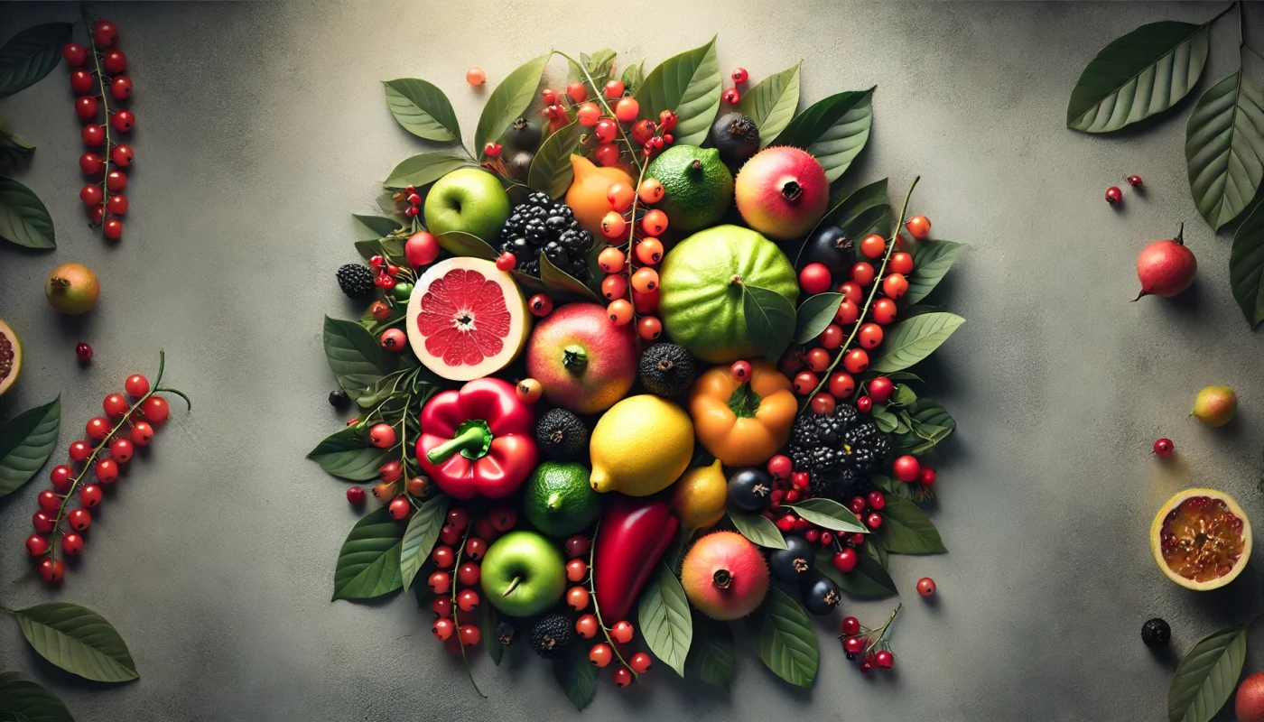 A colorful and artistic display of immune-boosting foods, featuring fresh guavas, blackcurrants, and red bell peppers, meticulously arranged for a visually appealing nutrition image.