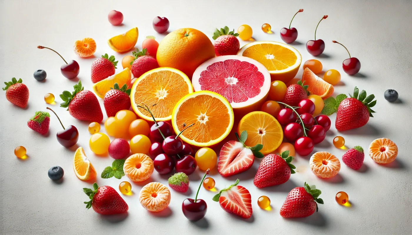 A fresh and inviting assortment of sliced oranges, whole strawberries, and acerola cherries on a clean white background, emphasizing their vitamin C content and health benefits.