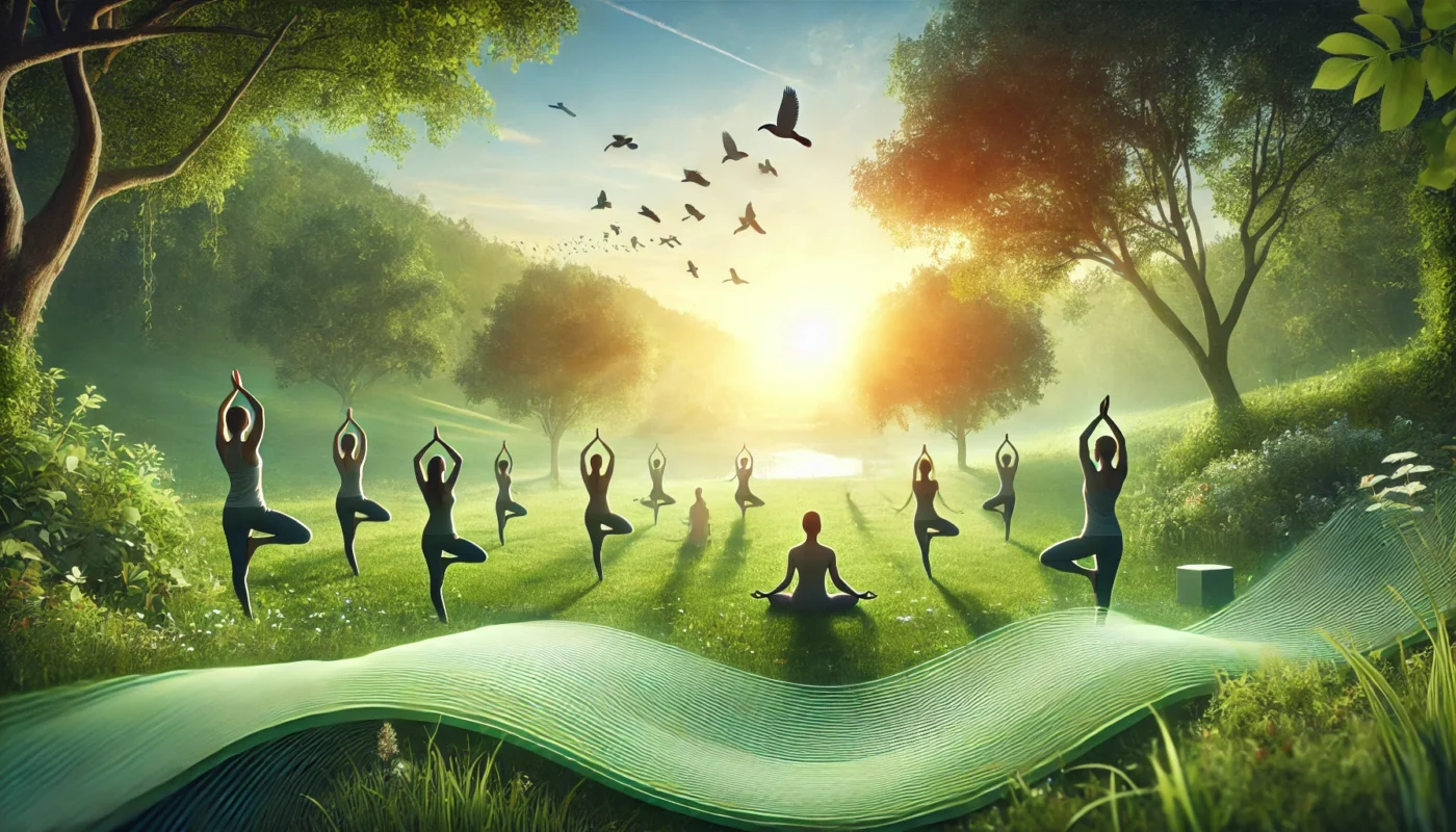 A peaceful yoga session in a lush green park during sunrise, with individuals practicing poses, emphasizing the connection between body and mind for holistic well-being.