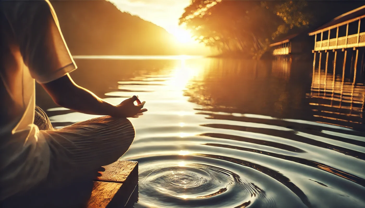 A person meditating by a serene lake at sunset, with soft ripples reflecting golden light, representing inner peace and stress relief.