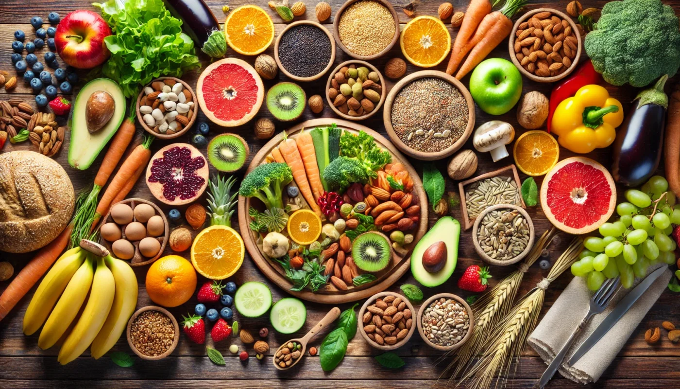 A beautifully arranged wooden table displaying fresh fruits, vegetables, nuts, and grains, highlighting the importance of mindful eating and nutrition.