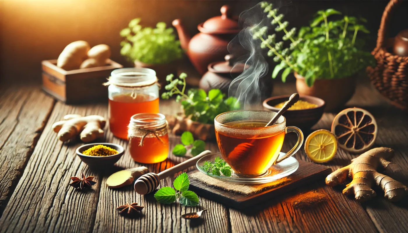 A cozy scene featuring a steaming cup of herbal tea, fresh ginger, turmeric, and honey on a rustic wooden table, highlighting the soothing benefits of natural remedies.