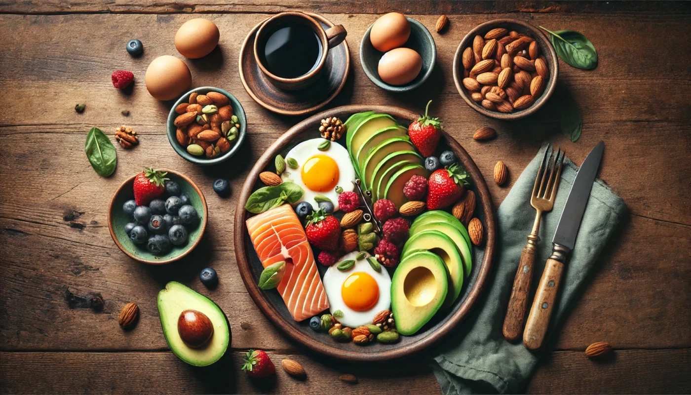 A top-down view of a nutritious Paleo breakfast spread with eggs, avocado, smoked salmon, fresh berries, and nuts, beautifully arranged on rustic ceramic plates on a wooden table with natural lighting.