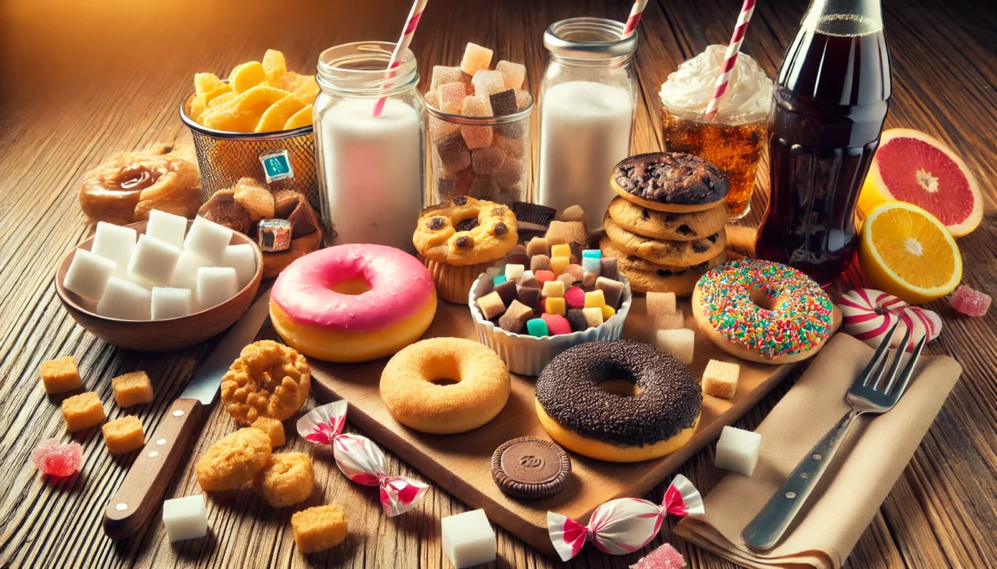 An assortment of sugary foods, including donuts, cookies, candy, and soda, displayed on a wooden table, highlighting their high sugar content.