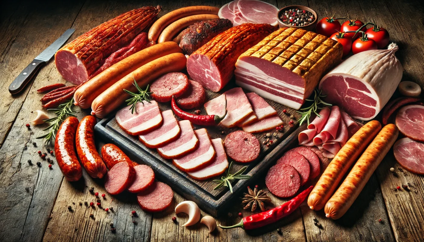 A selection of processed and red meats, including bacon, sausages, ham, and steaks, arranged on a rustic wooden board.