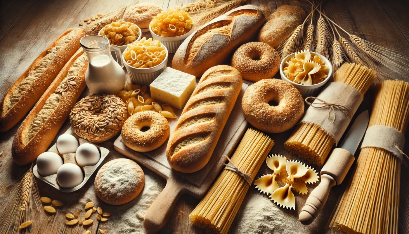 A variety of gluten-containing foods such as white bread, pasta, bagels, and pastries, arranged on a wooden kitchen counter.