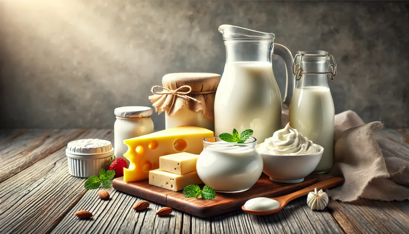 A collection of dairy products, including milk, cheese, yogurt, and butter, arranged on a wooden surface under soft lighting.